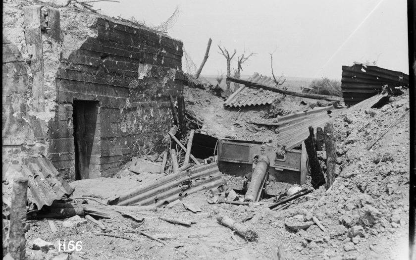 German 77mm gun emplacement destroyed by New Zealand troops during the Battle of Messines, Belgium. Photograph taken by Henry Armytage Sanders in June, 1917.